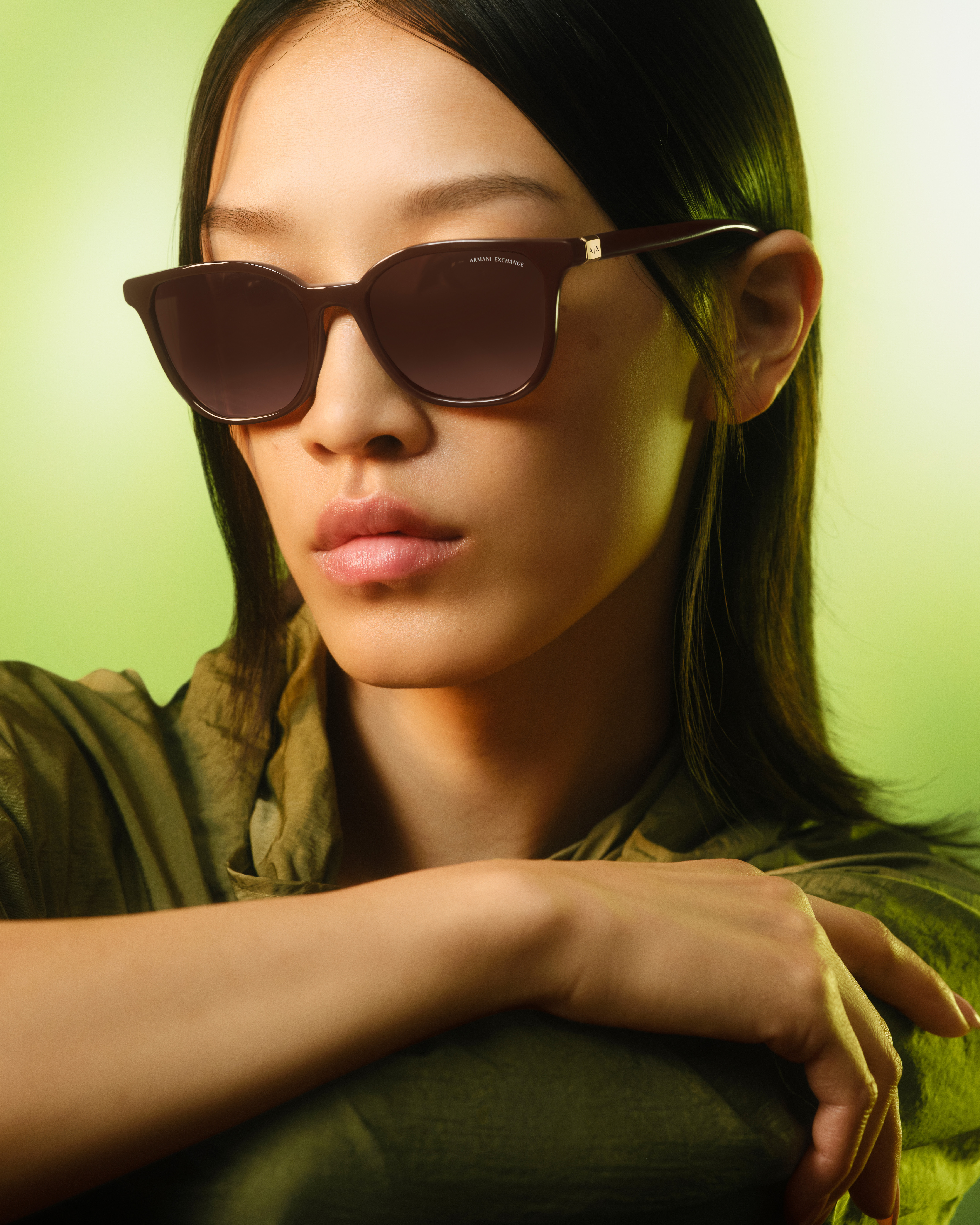 Armani Exchange official eyewear campaign, female model wearing sunglasses