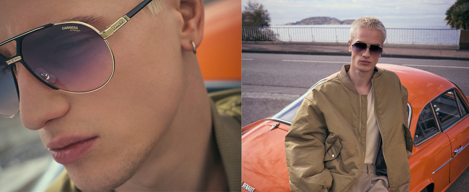 Official Carrera campaign: sunglasses close-up and a model in a bomber jacket beside a vintage car