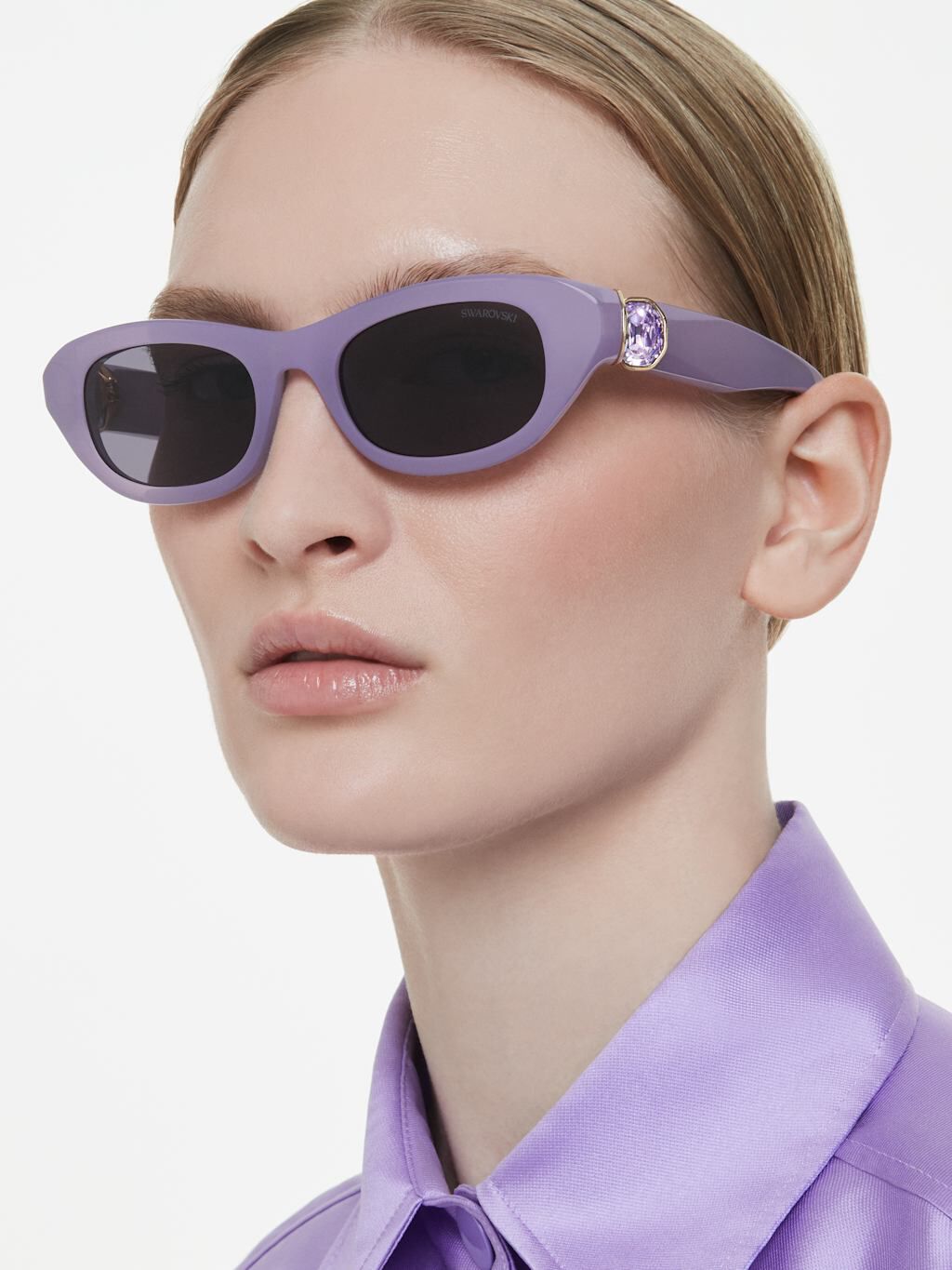 Official Swarovski portrait with lilac sunglasses and a crystal temple detail