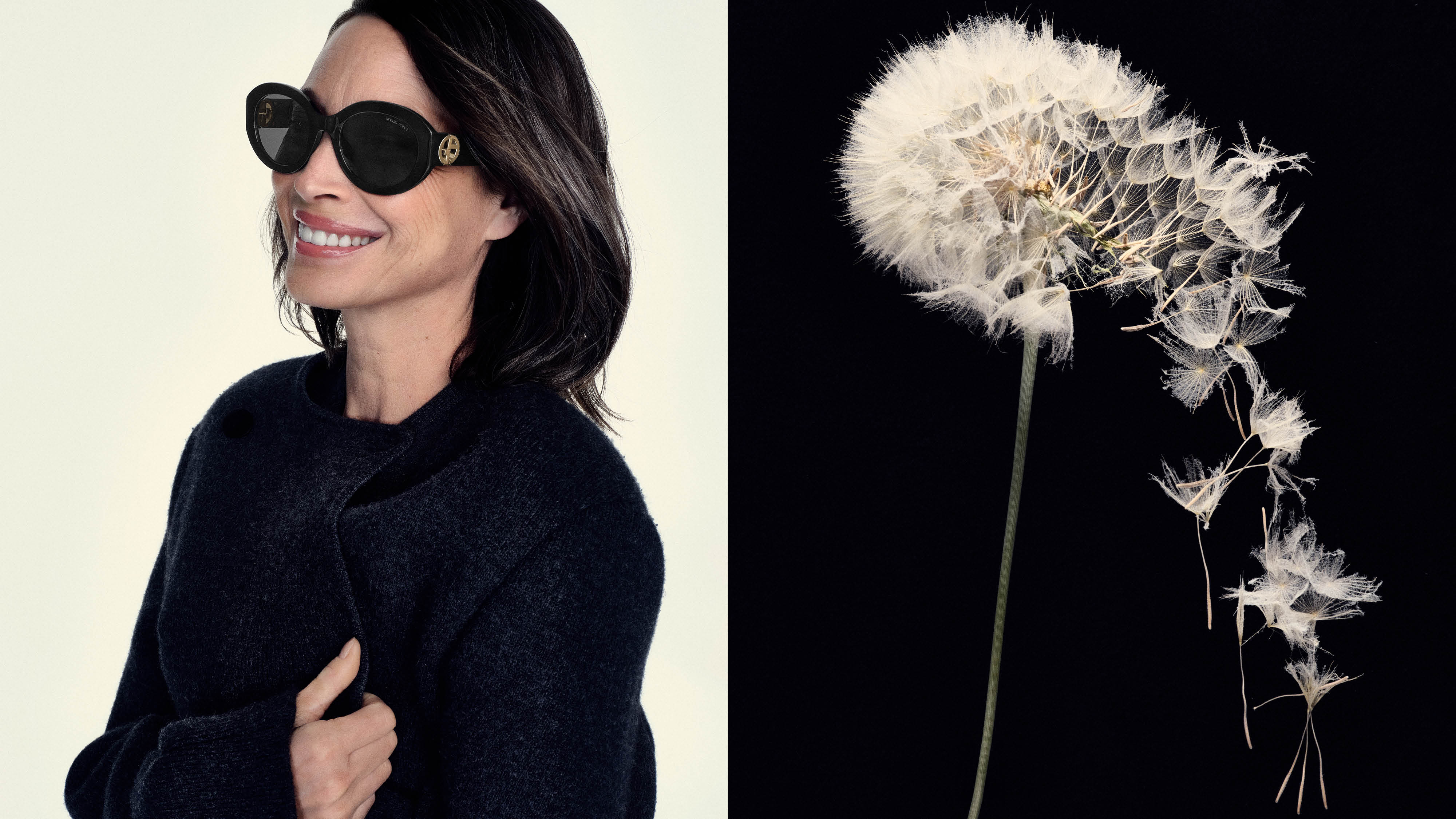 Official Giorgio Armani sunglasses campaign portrait beside a delicate dandelion